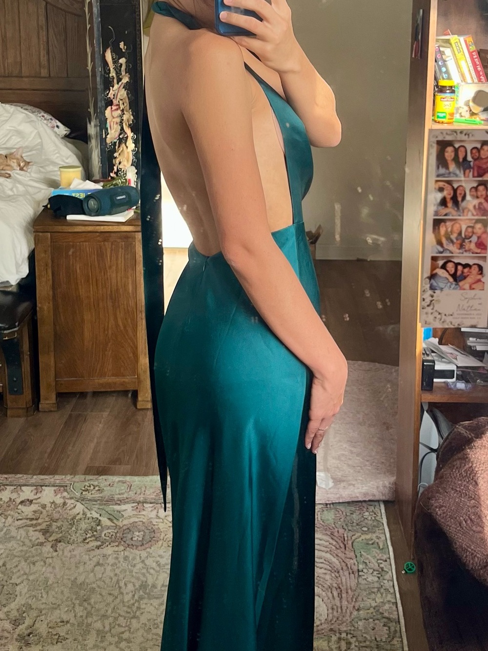100% Silk Backless Dark Green Maxi Dress
